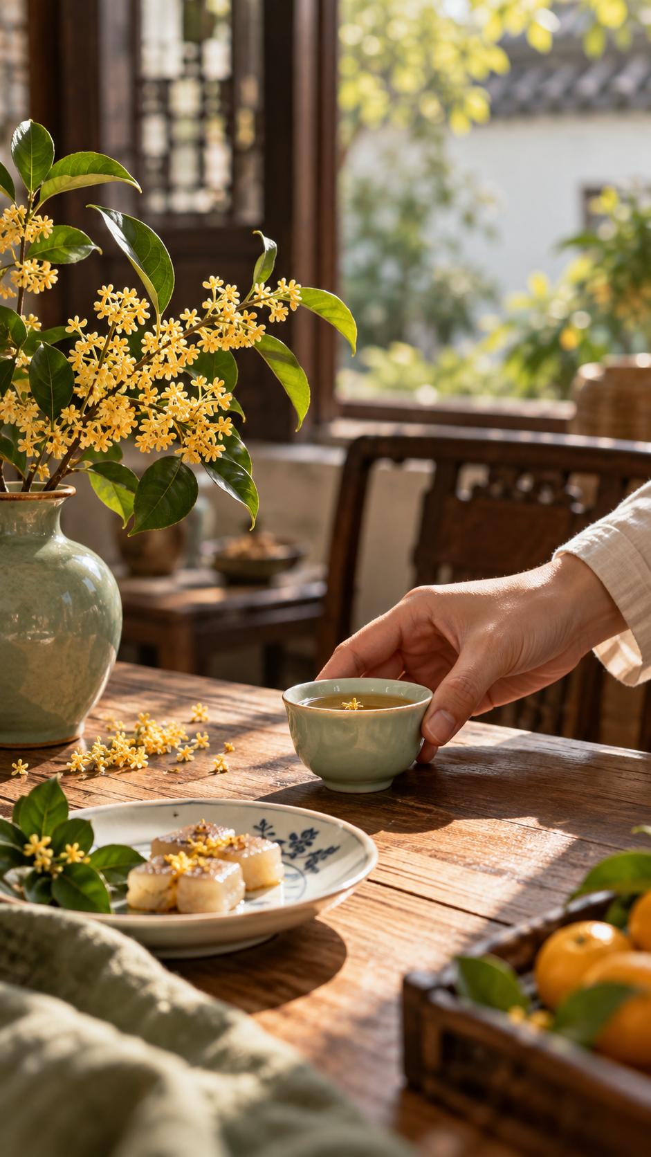 虚构多图画面素材：桂花、茶与家中的晨光